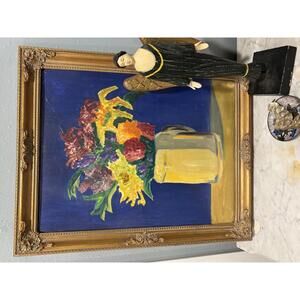 Vibrant Floral Still Life Painting in Ornate Gold Frame | 18" x 14" | Unsigned